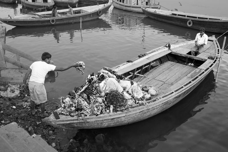 Cleaning of river Ganga near Dashashwamedh Ghat in Varanasi, Uttar Pradesh